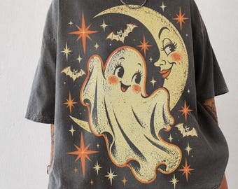 Retro Ghost Halloween Shirt, Y2K Moon Graphic Tee, Vintage Cute Ghost Shirt, Comfort Colors Spooky Season Tee, Halloween Sweatshirt
