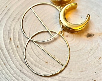 Minimalist Brass Circle Dangle Drops on Stainless Steel Dangle Saddle Tunnel Hangers /Plugs Gauges /Gold Drop Earrings Gauges