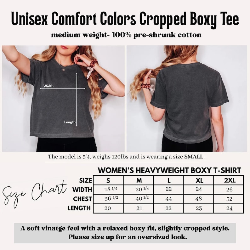 Pu&ograve; includere: Una t-shirt grigio antracite dal taglio squadrato e corto, realizzata in 100% cotone pre-ristretto. L'immagine mostra le viste frontale e posteriore del capo, insieme a una tabella delle taglie con larghezze, misure del torace e lunghezze in pollici.