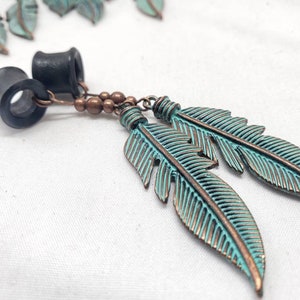 Organic Turquoise Feather Dangle Plugs-Dangle Gauge Earrings & Dangle Tunnel Earrings- 2g 0g 00g 1/2” 9/16” 5/8” 3/4” 7/8” 1" 28mm 30mm 32mm