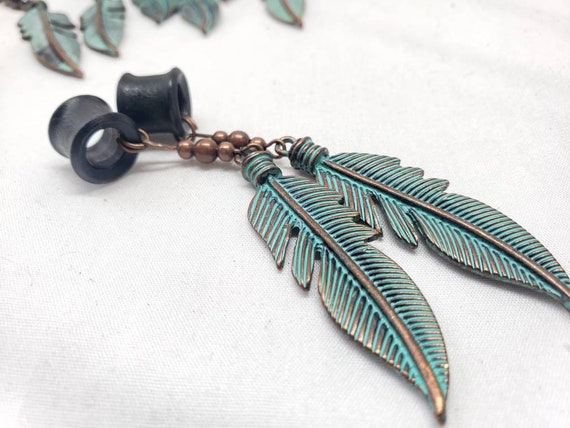 Turquoise Feather Dangles On Wooden Ebony Tunnels Ear Gauge Etsy