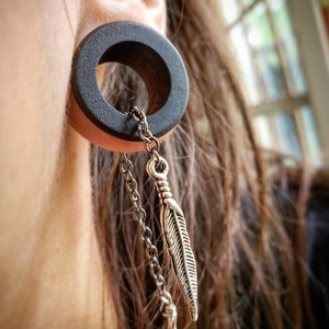 Silver Feather Dangle Tunnels on Ebony Wood Ear Gauges Size 0g 00g 7/16" 1/2" 9/16" 5/8" 11/16" 3/4" 7/8" 1" 28mm 30mm