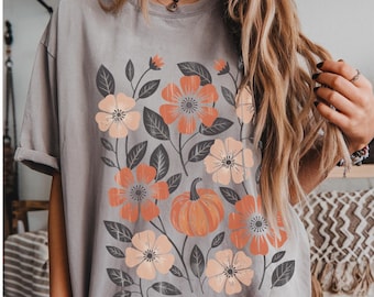 Boho Floral Fall Shirt, Linocut Block Print Autumn Tee, Cottagecore Comfort Colors Tee, Fall Clothes, Whimsigoth Cozy Floral Autumn Shirt