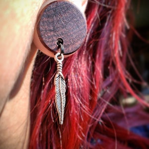 Whispering Feather Dangle Plug Earrings Gauge Sizes 2g6mm through 30mm / Silver Feather Dangle on Wooden Plug Gauges for Stretched Ears image 2