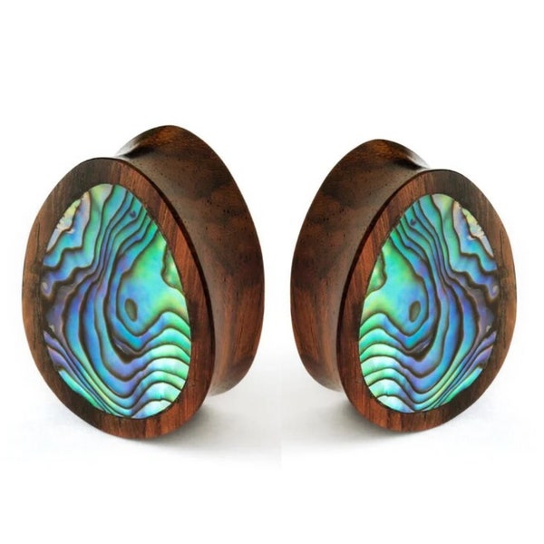 Pair of Abalone Inlaid Teardrop Organic Gauges-Wood Saddle Ear Plugs & Tunnels- Sizes 0g 00g 1/2” 9/16” 5/8” 3/4" 7/8" 1", Double Flare