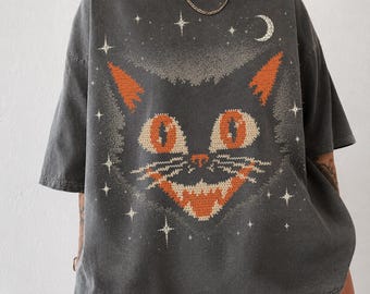 Vintage Black Cat T-Shirt, Retro Halloween Tee, Witchy Celestial Cat Graphic, Spooky Y2K Shirt, Cute Cat Lover Gift, Black Cat Crewneck
