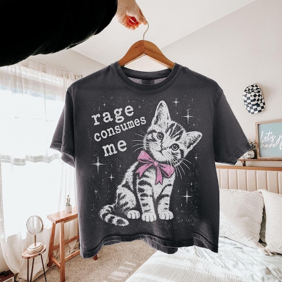 Rage Consumes Me Cat Shirt, Funny Feminist Cat Tee, Pink Bow Kitten Shirt, Goth Cat Graphic Tee, Comfort Colors Shirt, Boxy Crop