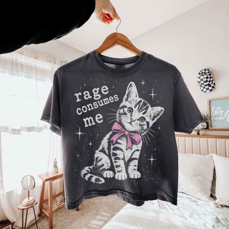 May include: A charcoal gray short-sleeve t-shirt featuring a white graphic of a tabby kitten wearing a pink bow. The text "rage consumes me" is printed in white above the kitten, surrounded by small white star accents on the front of the shirt.