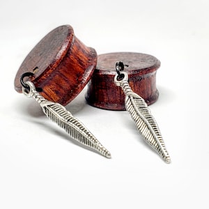 Whispering Feather Dangle Plug Earrings Gauge Sizes 2g6mm through 30mm / Silver Feather Dangle on Wooden Plug Gauges for Stretched Ears image 1