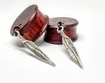 Whispering Feather Dangle Plug Earrings- Gauge Sizes 2g(6mm) through 30mm / Silver Feather Dangle on Wooden Plug Gauges for Stretched Ears