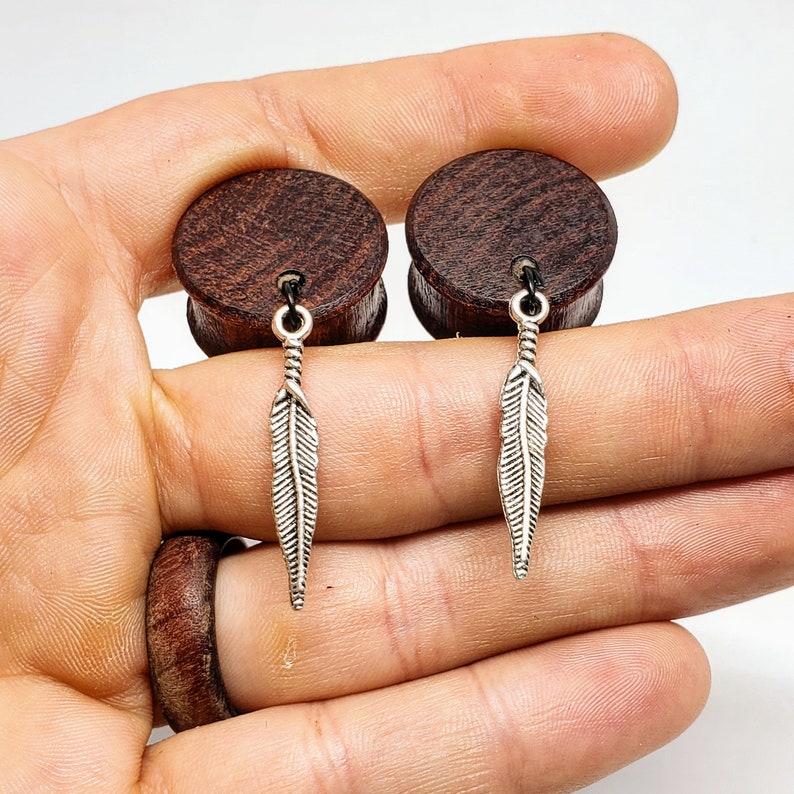 Whispering Feather Dangle Plug Earrings Gauge Sizes 2g6mm through 30mm / Silver Feather Dangle on Wooden Plug Gauges for Stretched Ears image 4