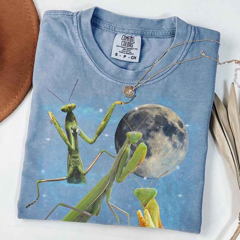 Puede incluir: Una camiseta Comfort Colors azul claro con un gr&aacute;fico de tres mantis religiosas verdes, una luna llena y estrellas. Un collar plateado con un colgante descansa sobre la camiseta. La camiseta tiene una peque&ntilde;a etiqueta que dice "Comfort Colors".