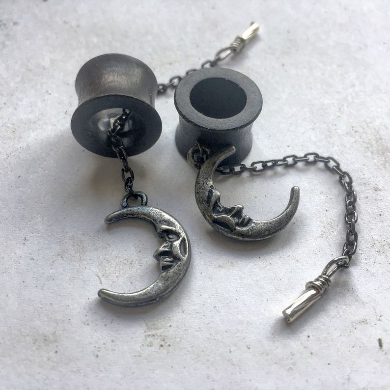 38mm Moon Dangles- Sizes 2g Bloodwood Ebony Organic Wood Gauges Black Tunnels Magnetic Tunnels w Detachable Mr 6mm - 1 12