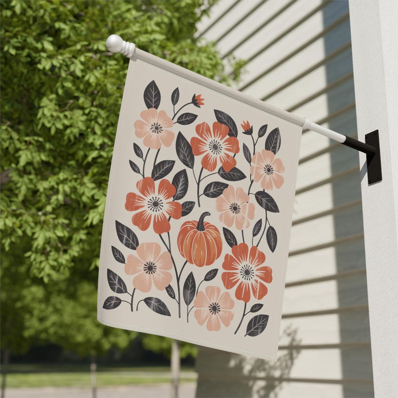 Bandera de jardín bohemia con flores otoñales, arte cottagecore para jardín, regalo de inauguración de casa, decoración de porche, decoración de exteriores otoñal, arte de jardín, bandera de jardín otoñal imagen 3