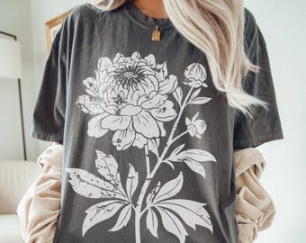 Comfort Colors® Linocut Flower Vintage Style Tshirt, Y2K Oversized Block Print Flower Shirt, Woodcut Stamp Tee, Cottagecore Boho Gardener