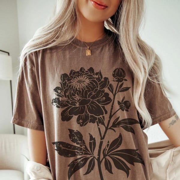 Vintage Linocut Flower Shirt, Comfort Colors Block Print Peonies Tshirt, Ranunculus Woodcut Stamp Tee, Boho Botanical Cottagecore  Shirt