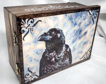 PERSONALIZED Vintage Raven Jewelry Box with Mirror & Drawer - Organizer Small trinket Storage / Gift / Birthday/ Christmas Gift/ Fathers Day