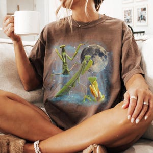 Puede incluir: Camiseta marr&oacute;n con un dise&ntilde;o de tres mantis religiosas verdes, una luna llena y un fondo estrellado. Los insectos est&aacute;n en diferentes poses, uno de ellos extendi&eacute;ndose hacia la luna. La camiseta es de corte holgado.