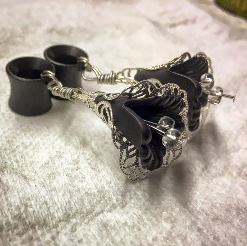 through 1 6mm 25mm Black or WhiteWood Gages Dangle Plug Organic Vintage Lily Dangles with Wood Ebony Plug Gauges or Tunnels in Sizes 2g