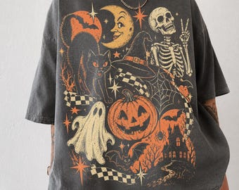 Retro Halloween Shirt, Y2K Comfort Colors Tee, Vintage Black Cat Ghost Skeleton T Shirt, Spooky Cute Pumpkin Witch Graphic Tee