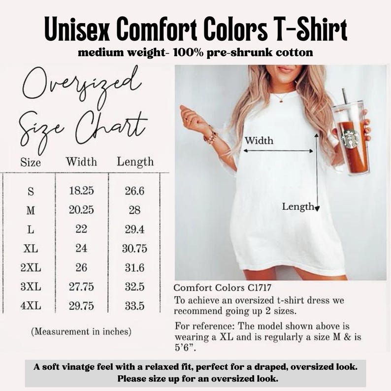 Pu&ograve; includere: Una t-shirt bianca con una tabella delle taglie che mostra le misure di larghezza e lunghezza in pollici per le taglie dalla S alla 4XL. La tabella include il testo Unisex Comfort Colors T-Shirt, 100% cotone prelavato e dettagli modello C1717.