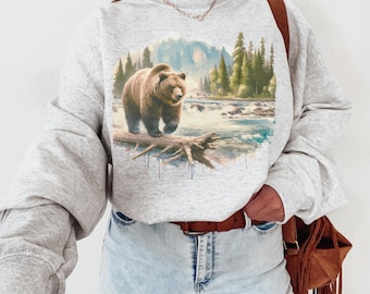 Retro Bear Wilderness Scene Sweatshirt, Bear Shirt, Boho Unisex Crewneck, Forest Sweatshirt, 90s Nostalgia Grizzly Bear Sweatshirt