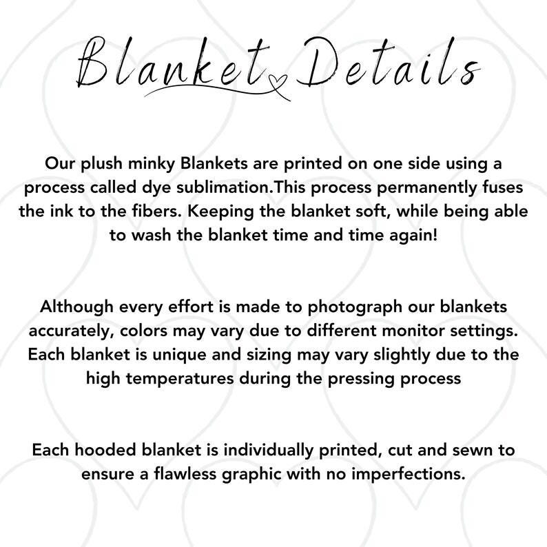 May include: Text on a white background reads "Blanket Details." The text describes plush minky blankets printed using dye sublimation, which fuses ink to fibers. It also mentions color variations and unique sizing.
