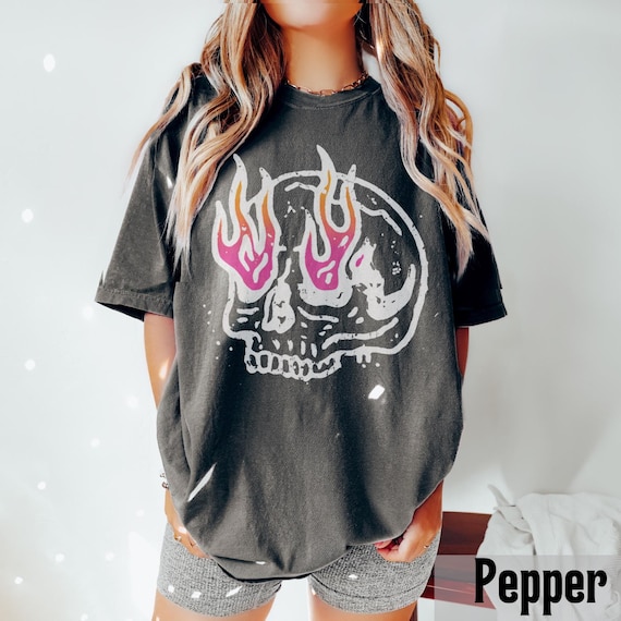 Flaming Skull Graphic Tee, Vintage Grunge Streetwear Shirt, Edgy Gothic Style