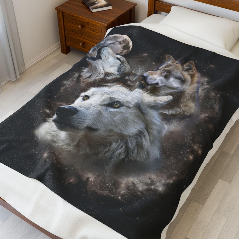 Vintage Wolf Blanket, Wolf Lover Gift, Weirdcore Blanket, Unique Blanket, Graphic Blanket Gift, Cosmic Wolf Pack Fleece Blanket, Wolf Decor image 8