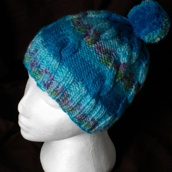 Women's Turquoise, Hand Knitted, Self-Patterning, Bobble Hat