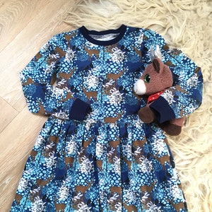 Girl&#39;s dress with deer. Blue dress with stags and trees. Toddler dress, skater dress. Winter dress