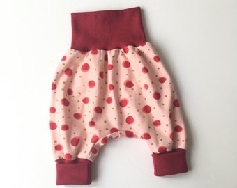 Pink bubble pants with red dots. Cotton. Comfy slouchy infant pants. Harem pants. Red fold over waistband and cuffs. Girl pants