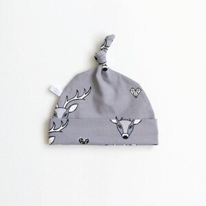 Grey hat with deer. Baby knotted hat, knot hat, stags print, cotton baby hat, newborn hat. Grey hat with geometric stags