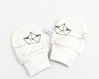 White geometric baby mittens. Baby scratch mitts. Jersey cotton knit with paper boats. Baby Gift Boy Girl. Gender neutral