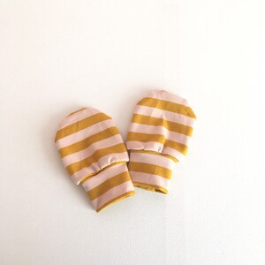 Baby mittens with pink and yellow stripes, baby scratch mitts. Jersey cotton knit. Baby Gift Girl Hand Covers