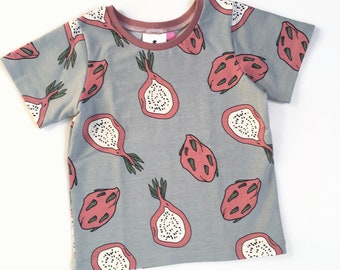 Sage green shirt with dragon fruit. Kid's t-shirt with fruit. Kid's top. cotton knit fabric. Toddler pitaya top