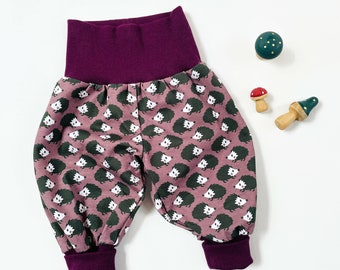 Plum bubble pants with hedgehogs. Comfy pants. Baby pants with wide fold over waistband and cuffs