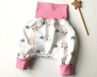 White bubble pants with rabbits. 0 - 3 months. Comfy pants. Baby pants with pink fold over waistband and cuffs