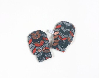 Grey baby mittens with orange leaves. Baby scratch mitts. Jersey cotton knit. Baby Gift Girl Hand Covers. Organic cotton
