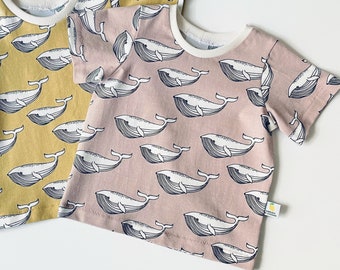 Organic shirt with whales. Pink top with whales. Kid's t-shirt. Kid's top. Organic cotton knit fabric. Toddler top