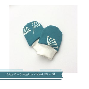 Petrol organic baby scratch mitts. Size 0 - 3 months. Mittens with cuffs. Shower gift. Dandelions mittens. Gender neutral no scratch mitts