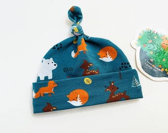 Petrol hat with foxes and deer. Baby knotted hat, knot hat, knotted hat, cotton baby hat, newborn hat