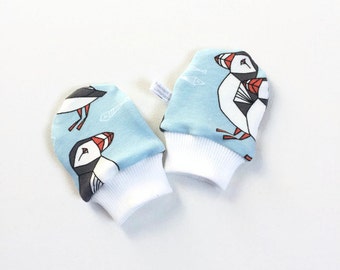 Organic baby scratch mitts. Mittens with cuffs. Shower gift. Blue knit fabric with puffins. Gender neutral no scratch mitts