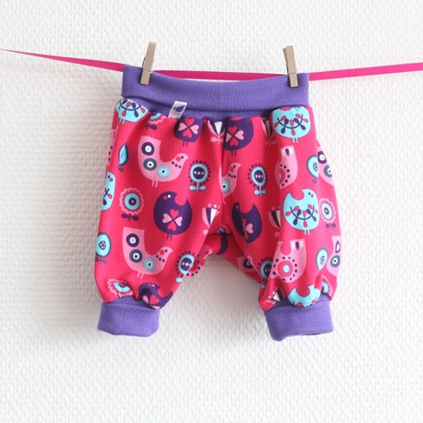Baggy baby pants with fold over cuffs and yoga style waistband Size NB - 2M Lillestoff organic fabric Pink, aqua and purple. Ready to ship