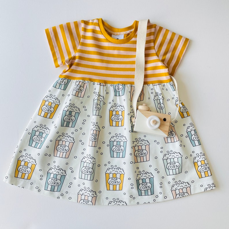 Girls dress with popcorn. Stripes and popcorn dress. Cotton jersey fabric. Toddler dress, skater dress image 1