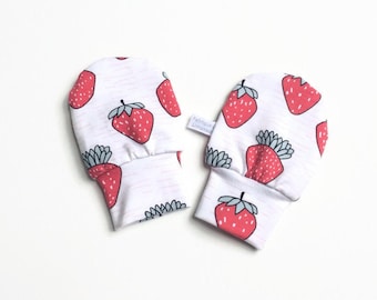 White baby mittens with strawberries, baby scratch mitts. Jersey cotton knit. Baby Gift Girl Hand Covers. Organic cotton