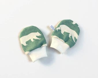 Green organic baby scratch mitts. Infant mittens with cuffs. Shower gift. Knit fabric with polar bears. Gender neutral no scratch mitts