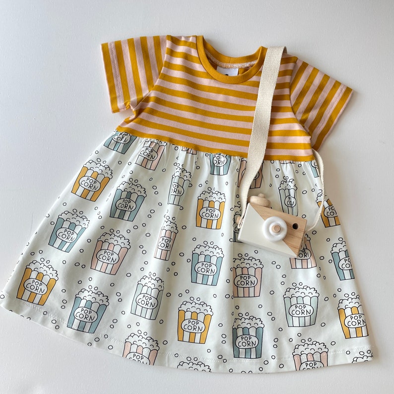 Girls dress with popcorn. Stripes and popcorn dress. Cotton jersey fabric. Toddler dress, skater dress image 2