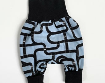 Blue bubble pants with roads and cars. Cotton. Comfy slouchy infant pants. Harem pants. Blue waistband and cuffs.