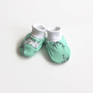 French terry baby booties with geometric stags. Sizes 0 - 18 months. Baby shoes. Slippers. Mint french terry cotton and white cuffs.